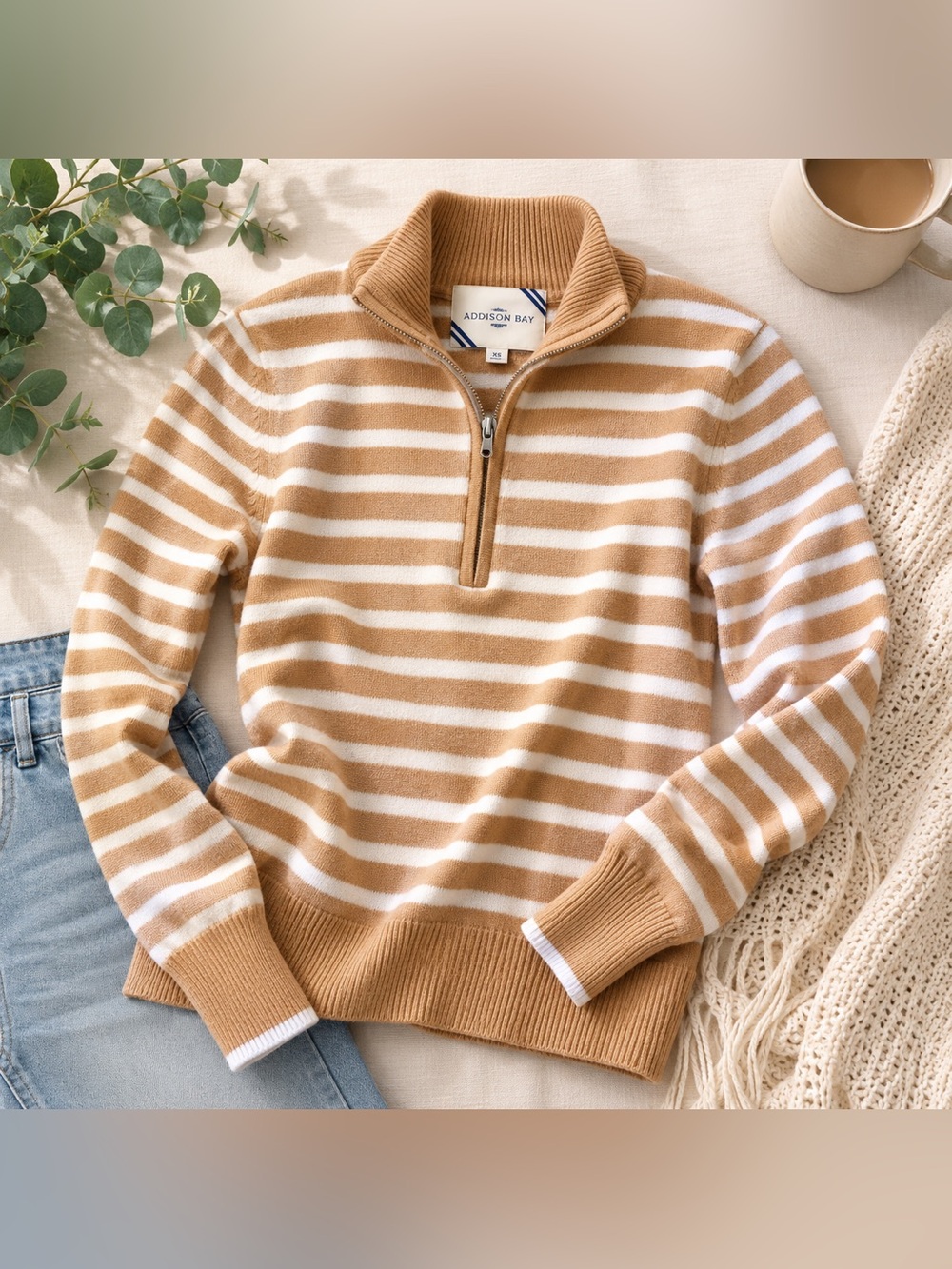 Addison Bay Striped Half Zip Sweater XS Beige Cream Coastal Preppy